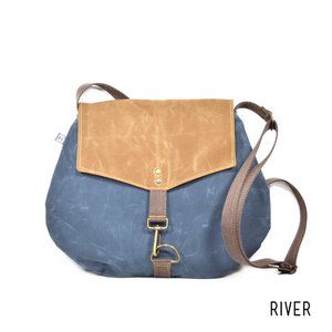 Rachel Elise Blue Tan Crossbody Satchel Waxed Canvas Faux Leather Vegan EUC